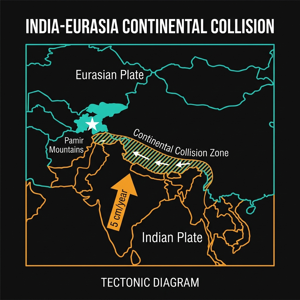Diagram showing the collision between Indian and Eurasian tectonic plates creating the Pamir Mountains