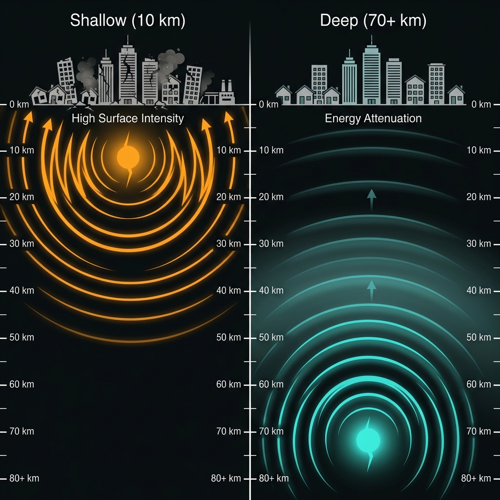 Diagram comparing how shallow earthquakes cause stronger surface shaking than deep earthquakes