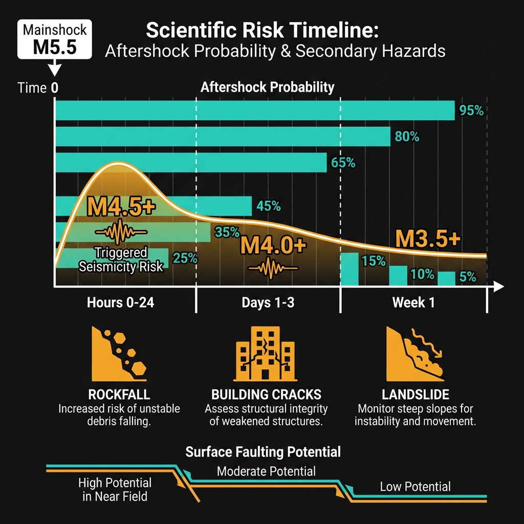 Timeline diagram showing aftershock probability and secondary hazard risks over the coming days