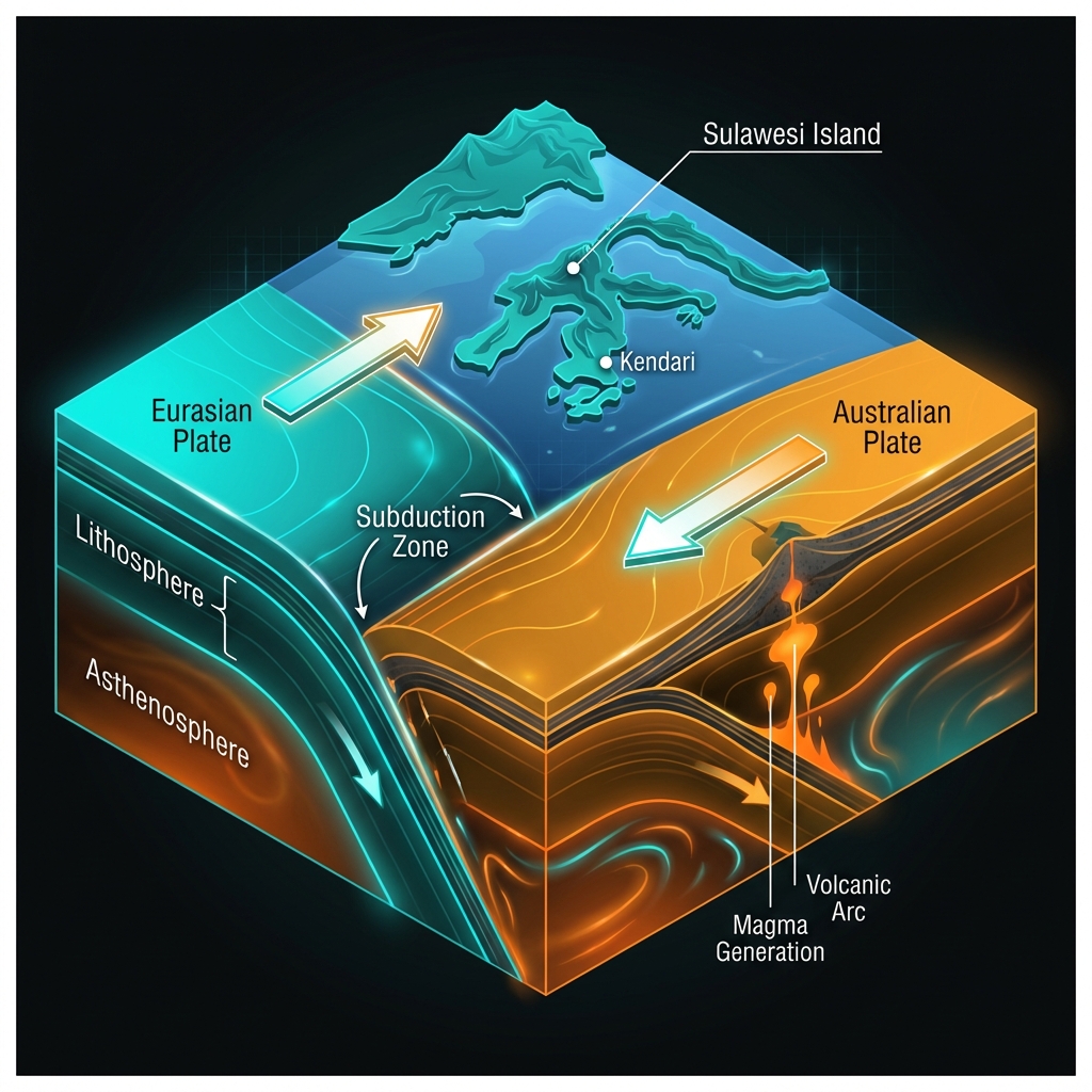 Geological cross-section showing the Australian Plate subducting beneath the Eurasian Plate at the Banda Arc near Sulawesi