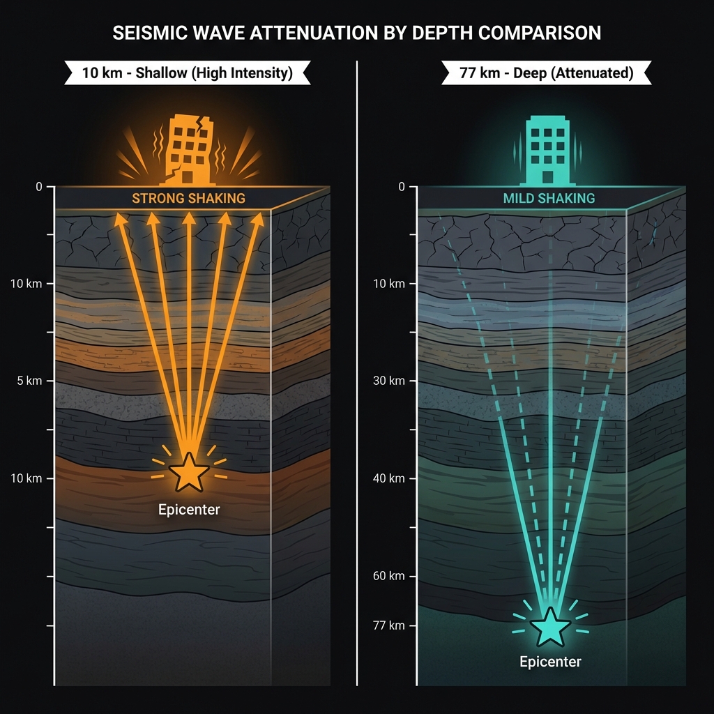 Diagram comparing energy transmission from a shallow 10km earthquake versus a deep 77km earthquake