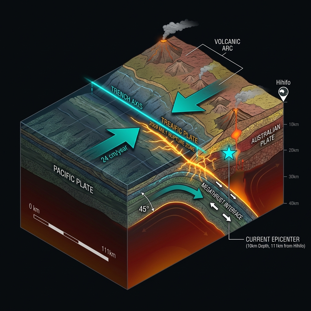 Cross-section diagram showing the Pacific Plate subducting under the Australian Plate at the Tonga-Kermadec Trench, marking the 2009 rupture zone and current earthquake location