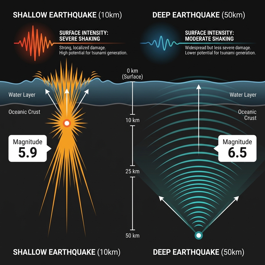 Diagram comparing seismic wave intensity between a shallow 10km earthquake and a deeper 50km earthquake, showing how shallow quakes produce sharper surface shaking