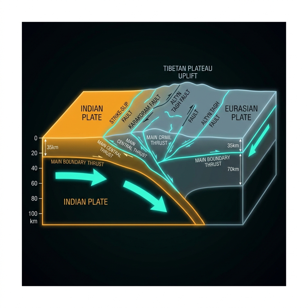 Diagram showing the India-Eurasia tectonic plate collision, illustrating how the Indian Plate pushes northward to create the Tibetan Plateau and its network of active faults.