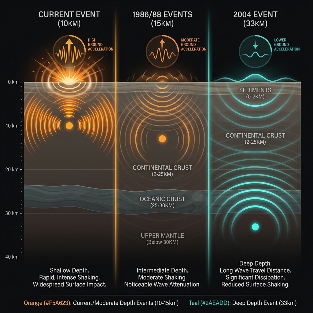 Comparison diagram showing how the 10-kilometer shallow depth of the current earthquake creates stronger surface shaking compared to deeper historical events at 15km and 33km.