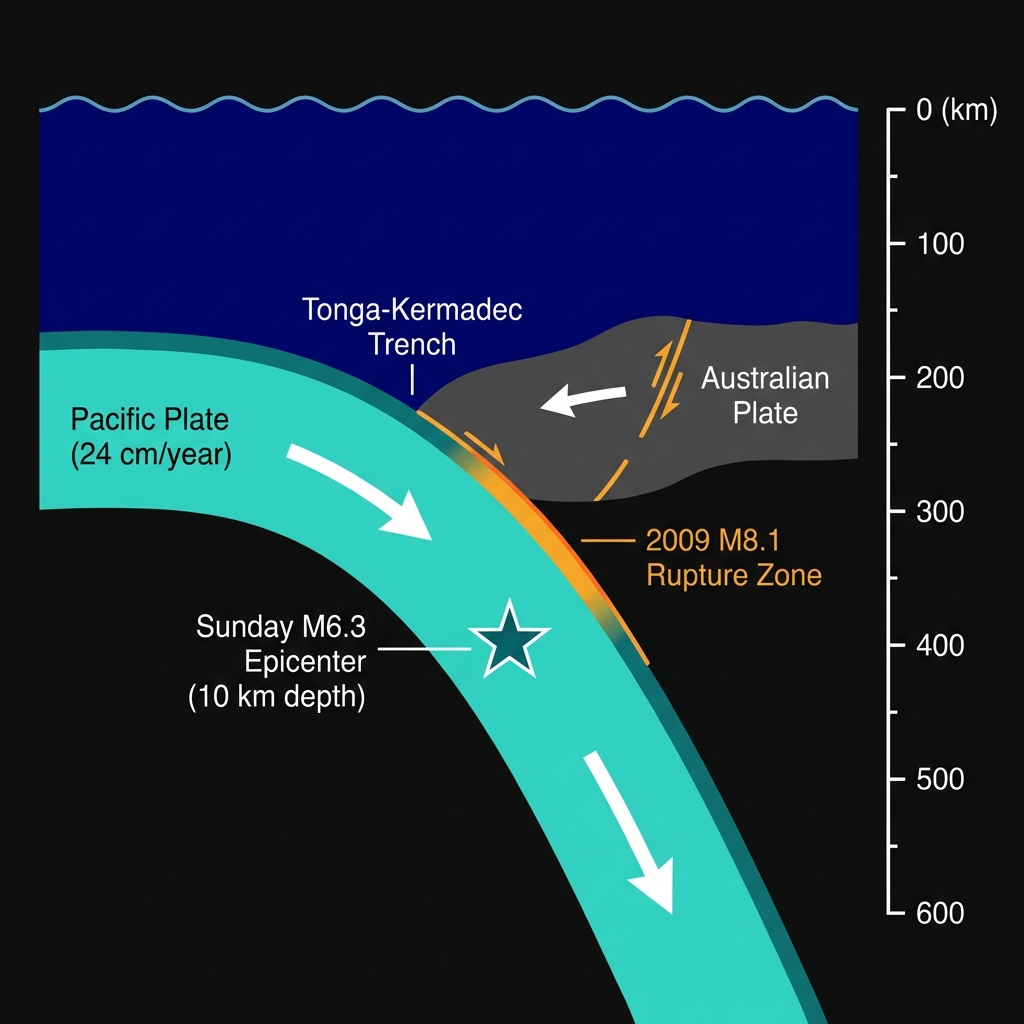 Cross-section diagram showing the Pacific Plate subducting beneath the Australian Plate at the Tonga-Kermadec Trench, highlighting the 2009 rupture zone and Sunday's shallow 10km epicenter