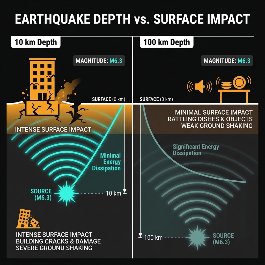 Diagram comparing shallow 10km versus deep 100km earthquakes, showing how shallow depth causes intense surface damage while deep earthquakes produce only light shaking