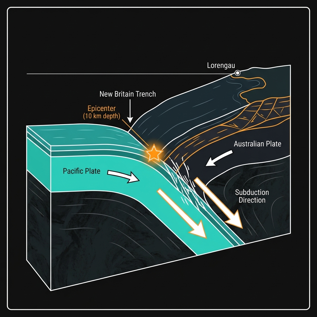 Tectonic diagram showing the Pacific Plate subducting beneath the Australian Plate at the New Britain Trench, marking the shallow 10km earthquake epicenter.