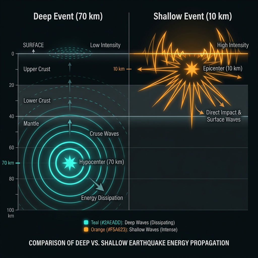 Diagram comparing deep versus shallow earthquakes, showing how 10km depth creates intense surface shaking with minimal wave attenuation.