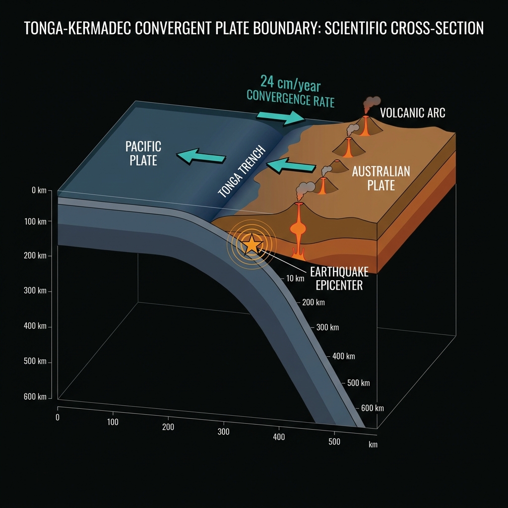 Diagram showing the Tonga-Kermadec subduction zone cross-section with the Pacific Plate subducting beneath the Australian Plate at 24 centimeters per year, marked with the 10km depth epicenter