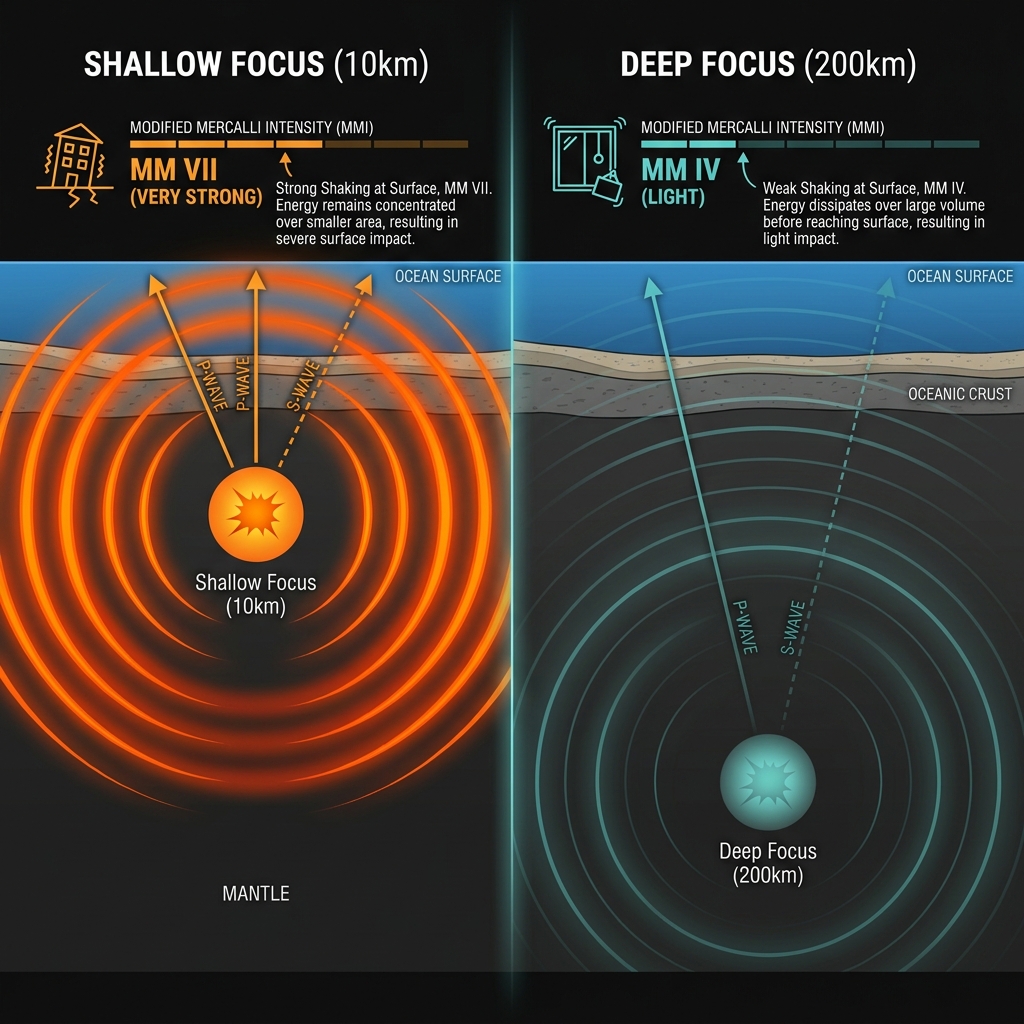 Infographic comparing shallow versus deep earthquake energy propagation, showing how 10km depth seismic waves reach the surface with greater intensity than deeper quakes