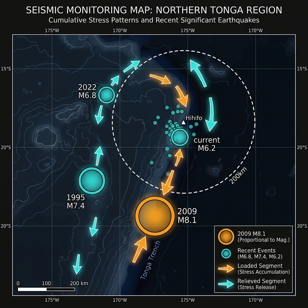 Map of the Niuas region showing recent significant earthquake epicenters from 1995 to 2026 with stress transfer vectors indicating loaded and relieved segments along the Tonga Trench