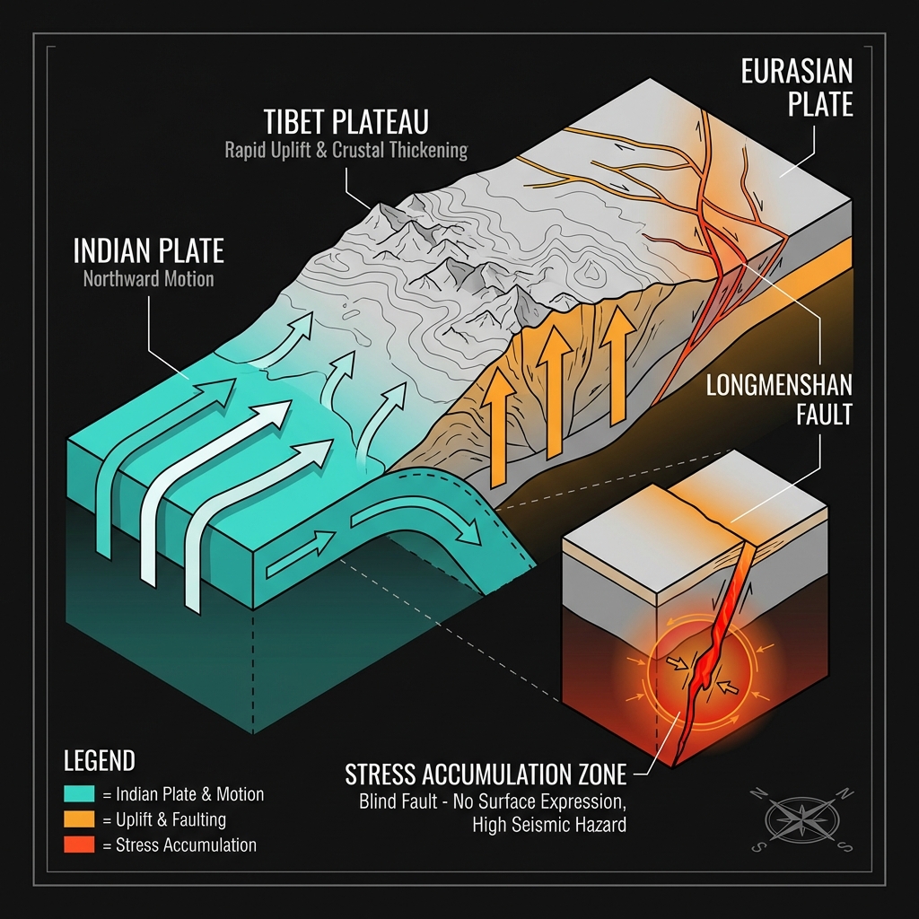 Diagram of India-Eurasia plate collision showing Tibet Plateau uplift and Longmenshan blind fault structure