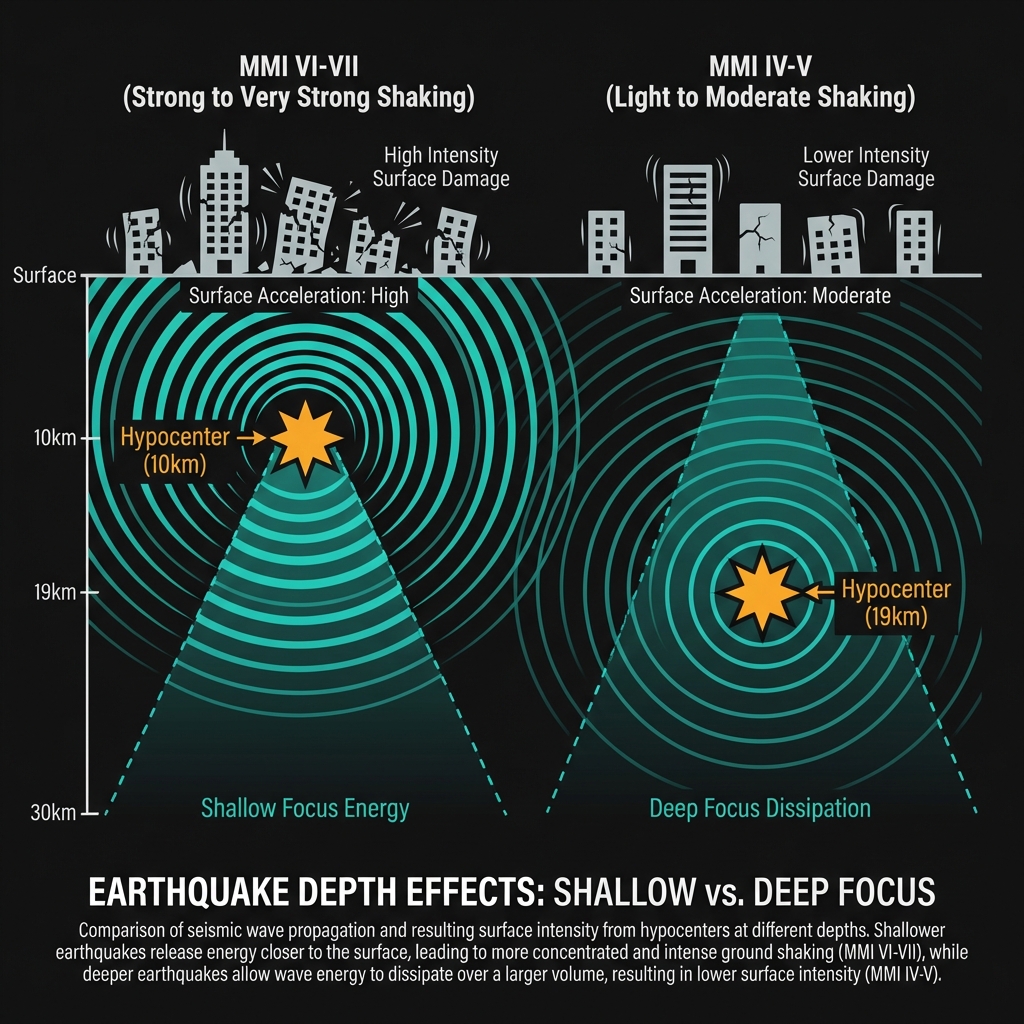 Diagram comparing seismic energy transmission from 10km shallow versus 19km deep earthquake hypocenters