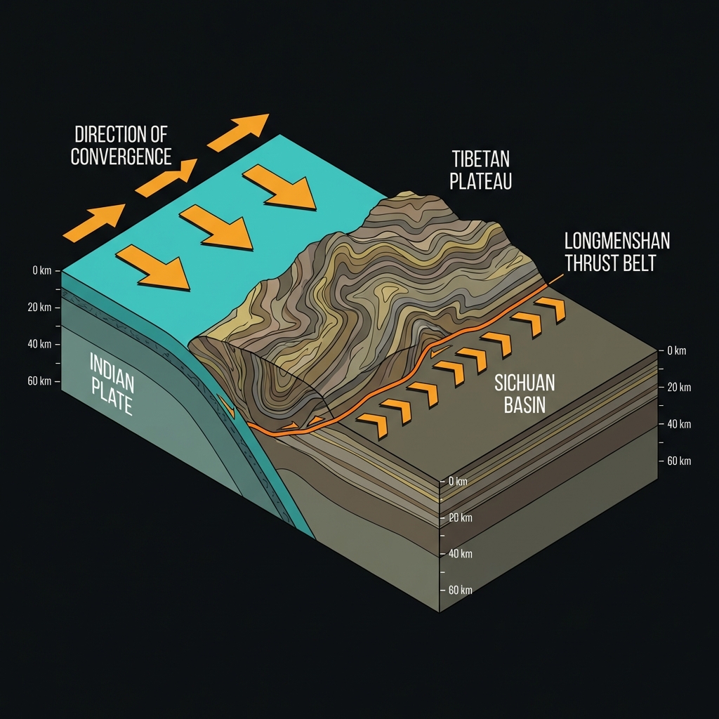 Diagram showing the collision of Indian and Eurasian plates creating the Longmenshan fault system between the Tibetan Plateau and Sichuan Basin
