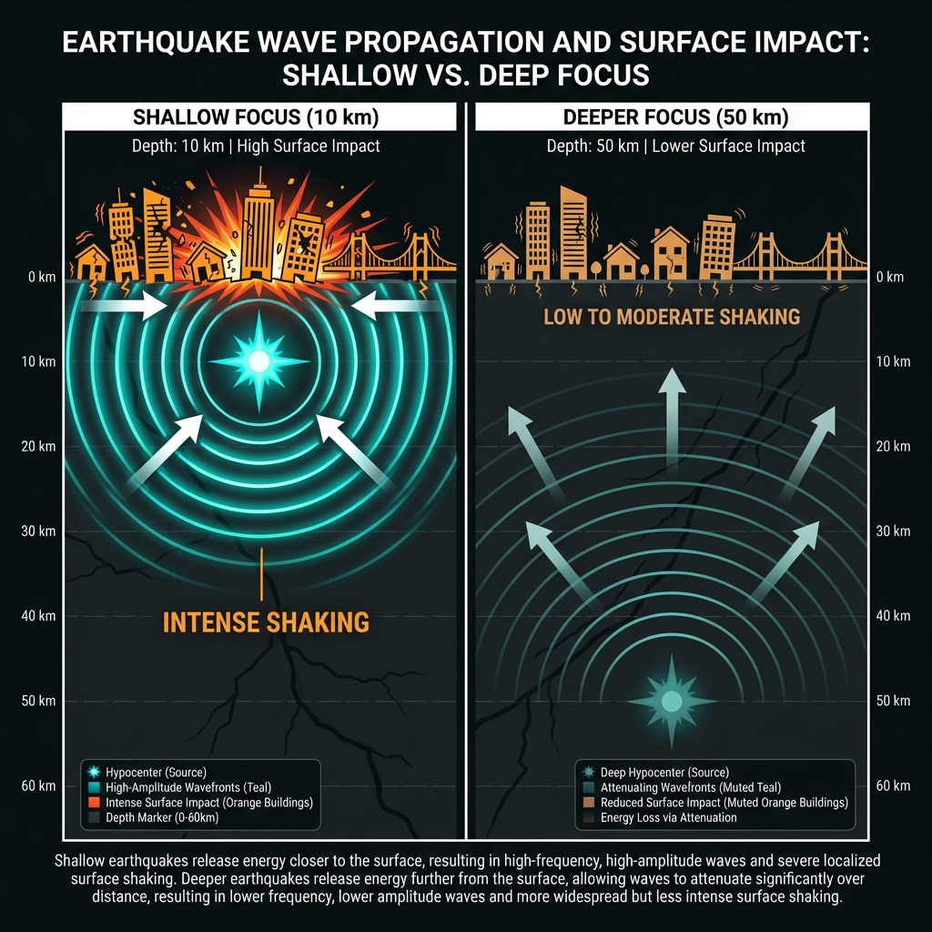 Comparison diagram showing how shallow earthquake waves cause stronger surface shaking than waves from deeper earthquakes
