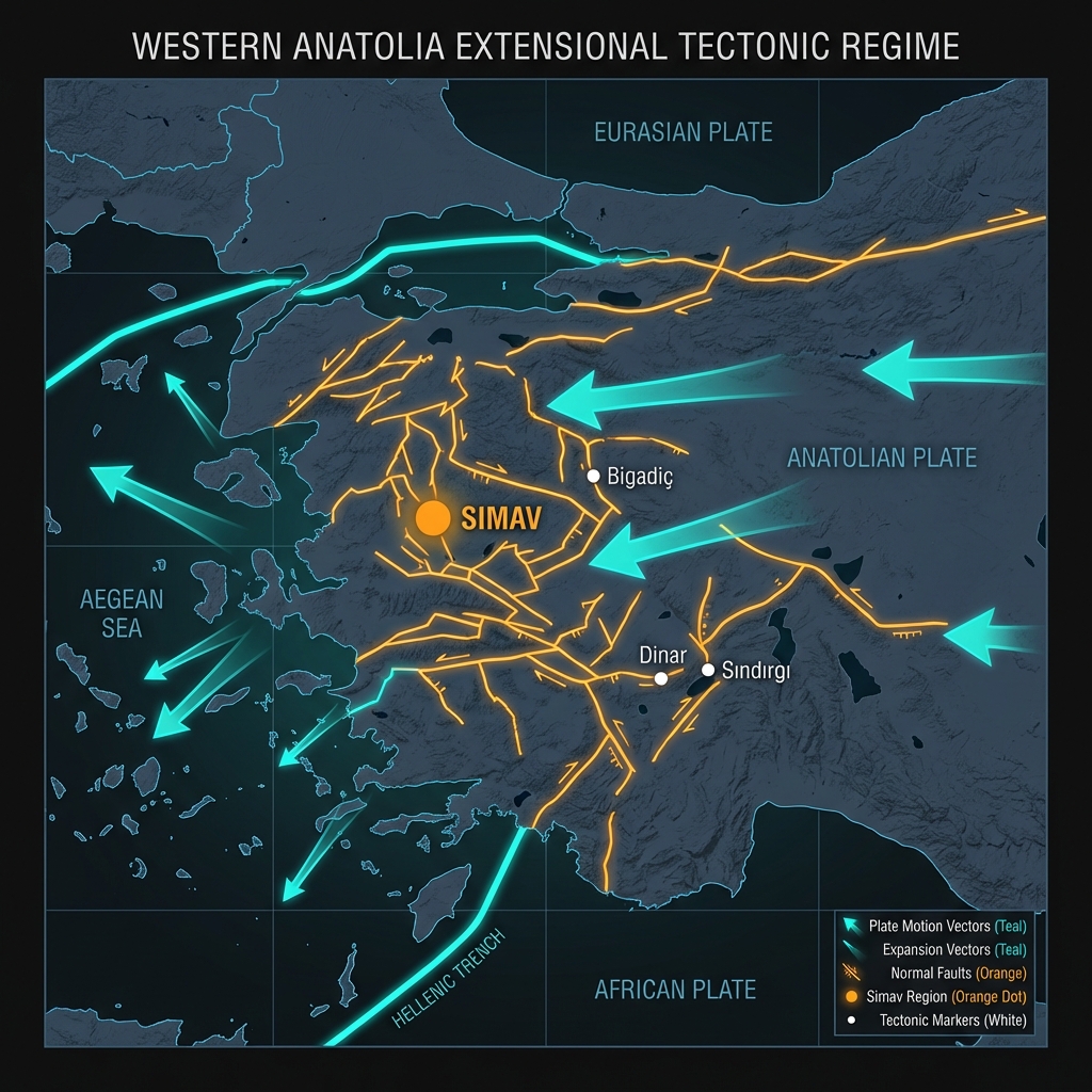 Tectonic diagram showing the Anatolian Plate moving westward toward the expanding Aegean Sea, with the Simav region highlighted at a junction of normal faults