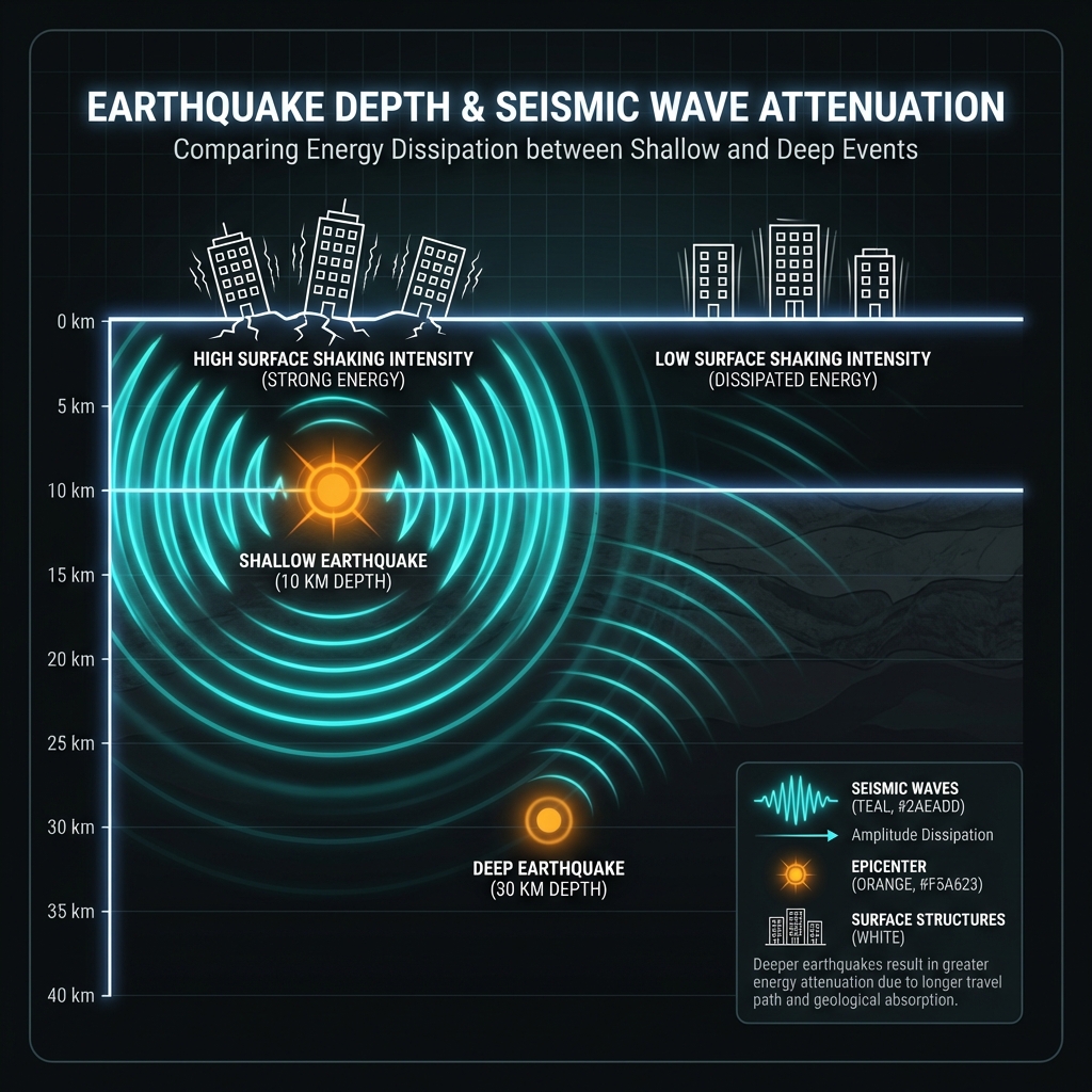 Diagram comparing shallow versus deep earthquakes, showing how a 10km depth produces stronger undamped seismic waves reaching the surface compared to deeper events