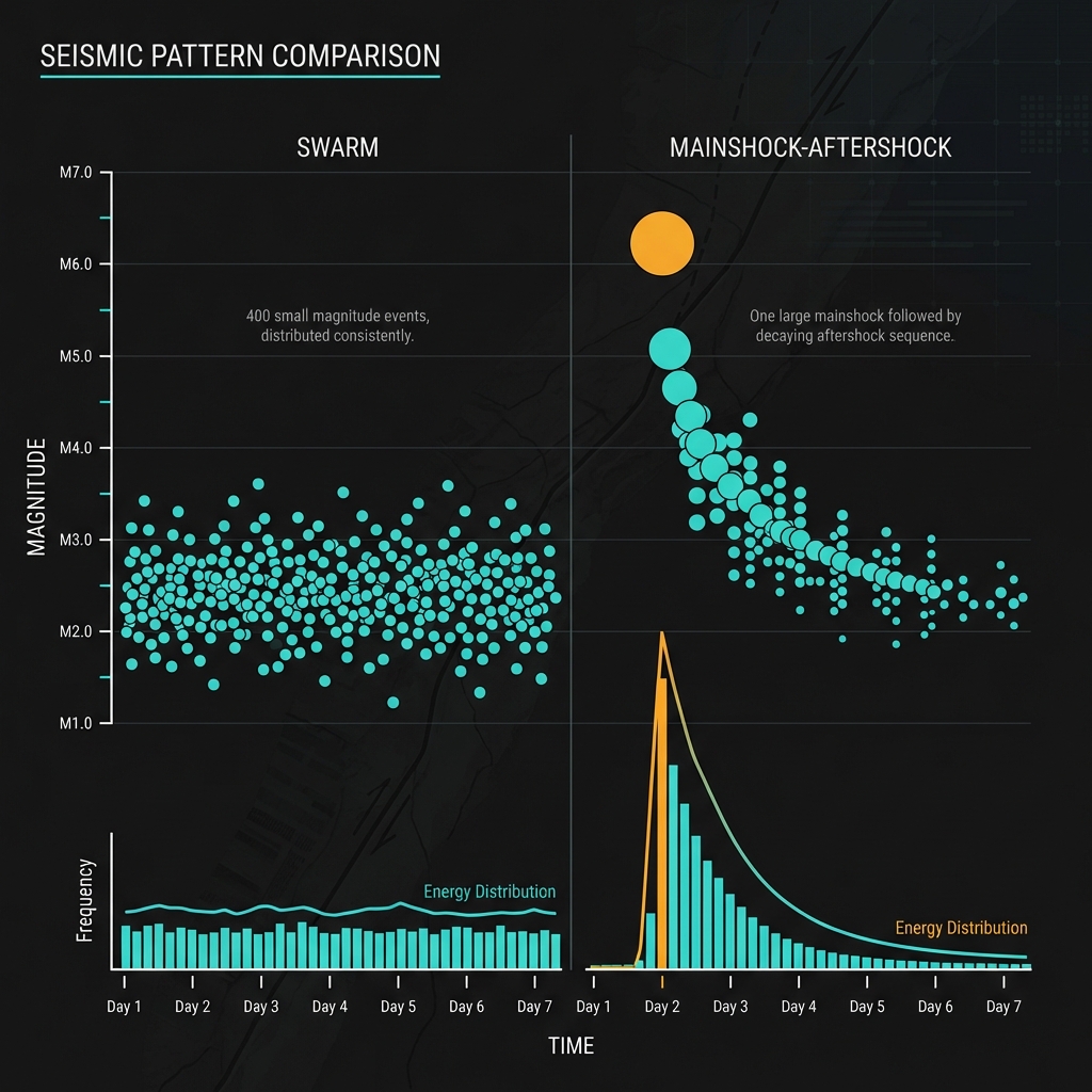 Chart comparing earthquake swarm patterns versus mainshock-aftershock sequences, showing the Simav swarm's characteristic of many similar-sized events without a dominant mainshock