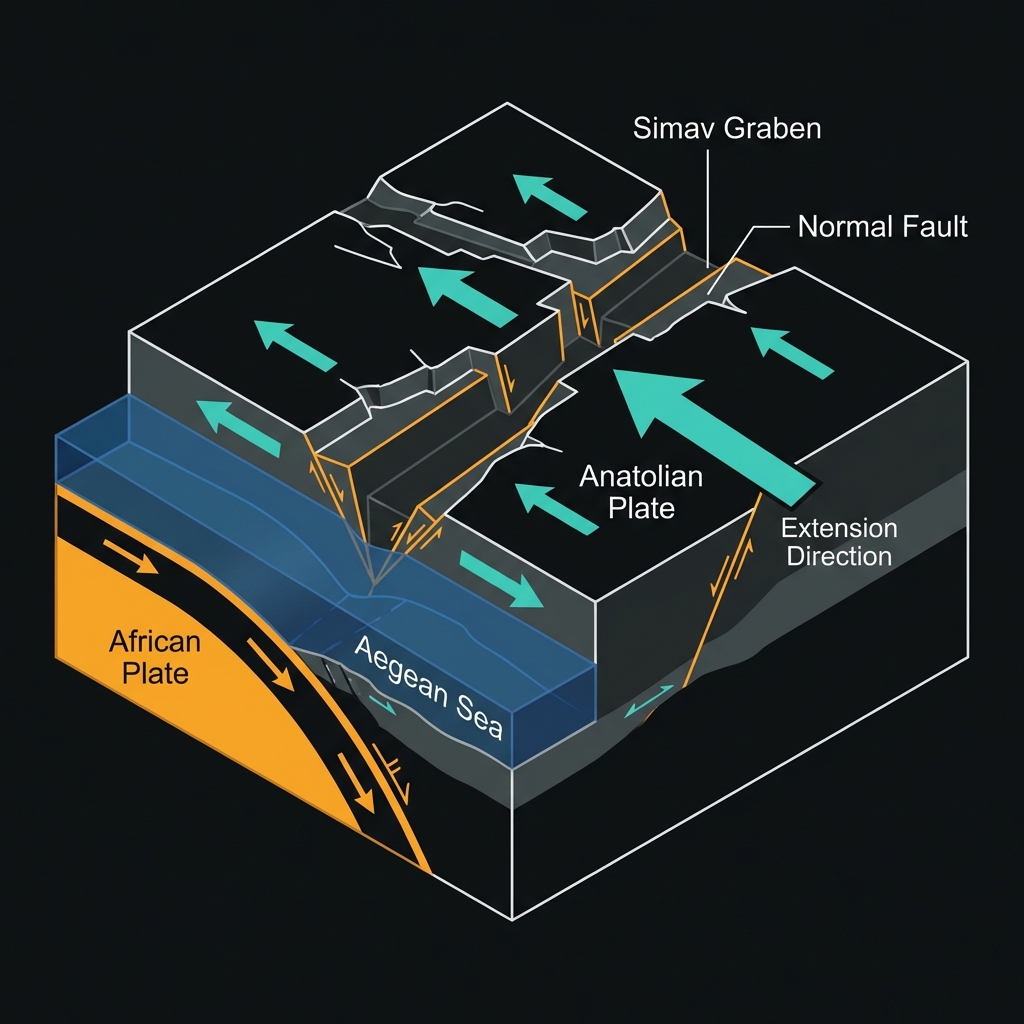 Diagram showing the tectonic extension mechanism of the Simav Graben and Aegean plate movements