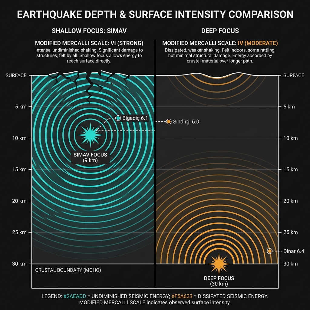 Diagram comparing energy transmission from shallow versus deep earthquake foci with regional event comparisons