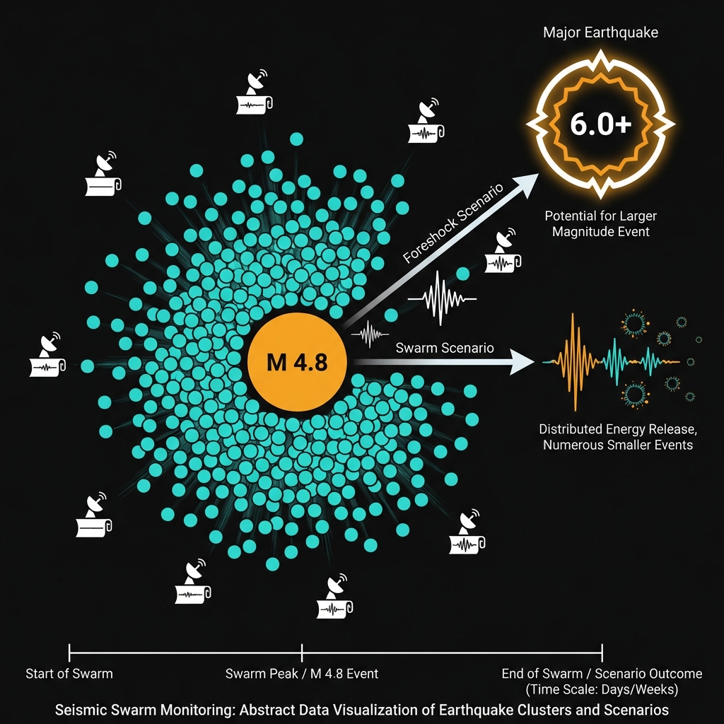 Diagram illustrating the difference between swarm behavior and foreshock patterns for the Simav seismic sequence