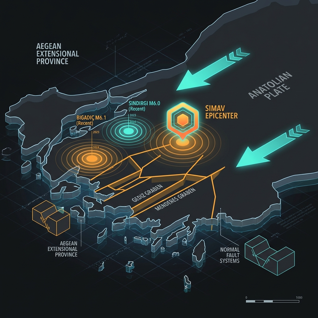 Tectonic map showing Anatolian Plate movement, fault systems and recent earthquake epicenters near Simav
