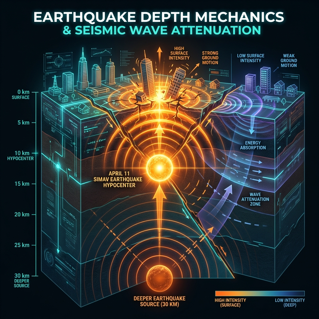 Cross-section diagram comparing shallow 10km earthquake energy release versus deeper seismic events