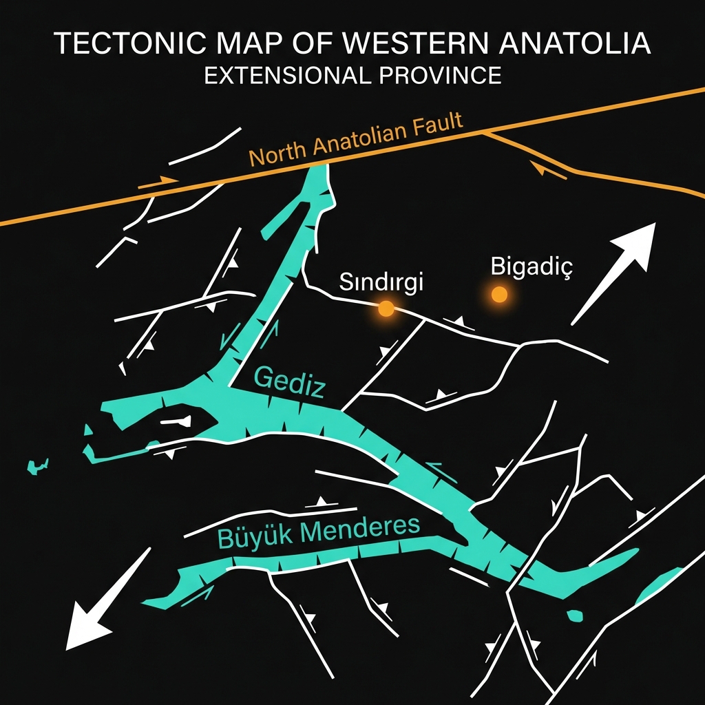 Tectonic map showing Western Anatolia's extensional fault systems and graben structures