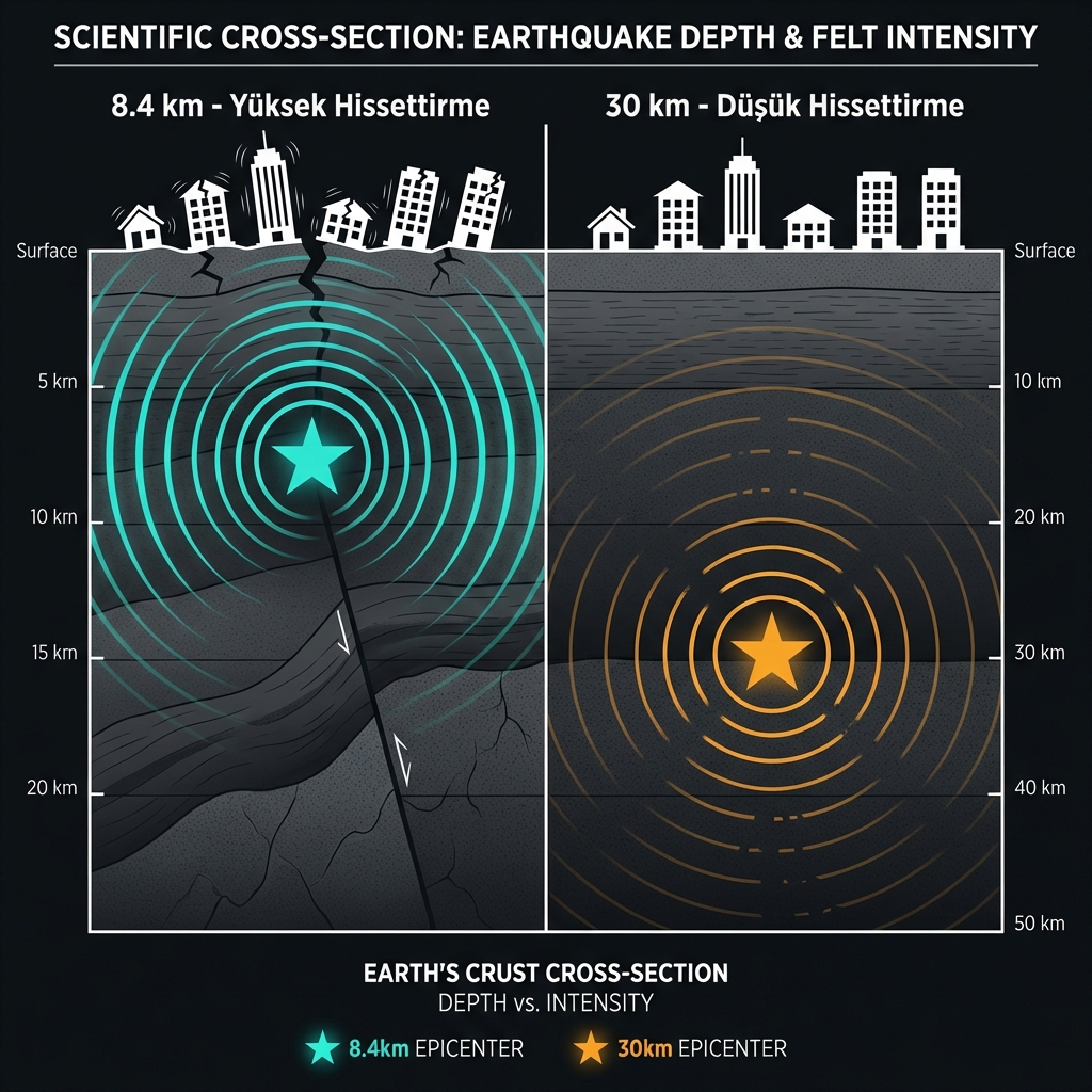 Diagram comparing seismic energy transmission from shallow versus deep earthquake hypocenters