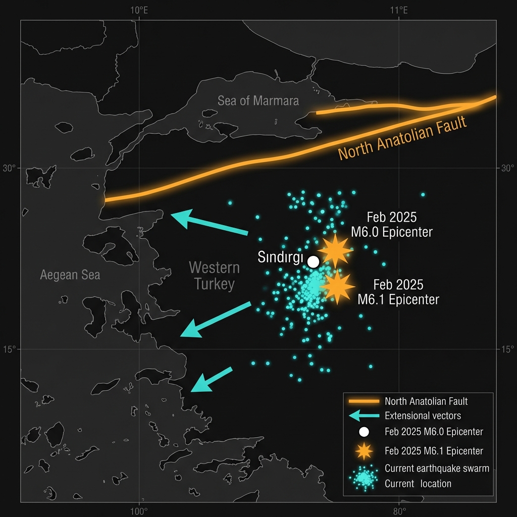 Map showing the North Anatolian Fault, Aegean extension, and earthquake epicenters near Sındırgı