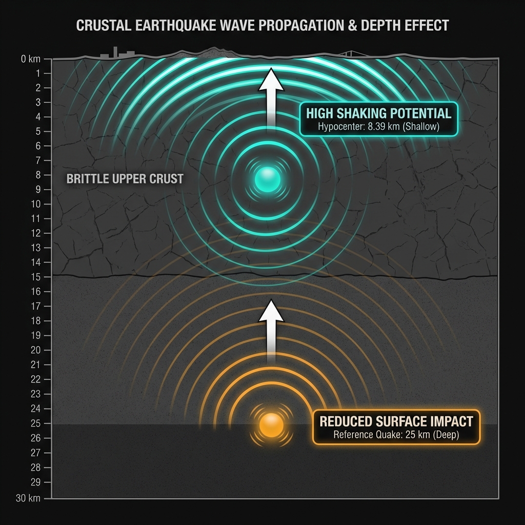 Cross-section diagram comparing shallow and deep earthquake focus depths and wave propagation