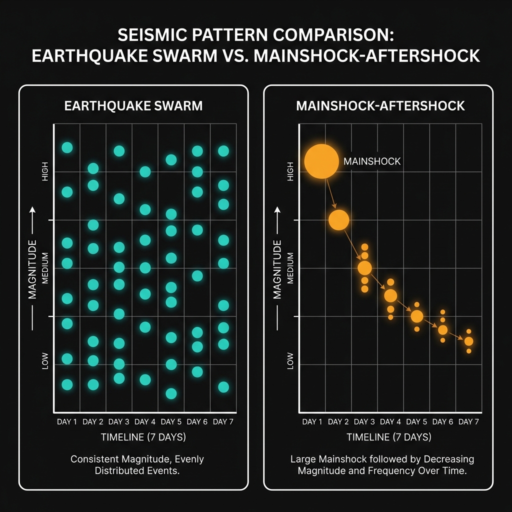 Diagram comparing earthquake swarm patterns versus mainshock-aftershock sequences