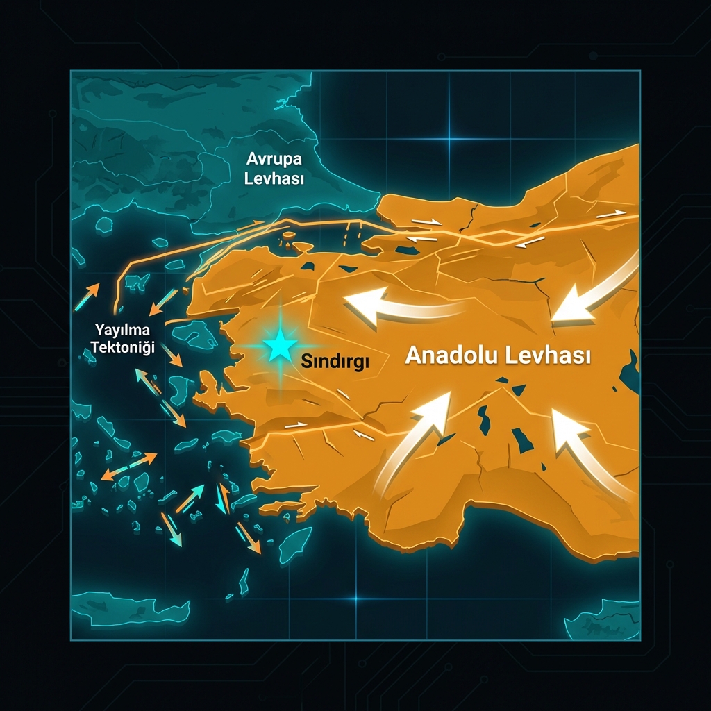 Tectonic map diagram showing the westward movement of the Anatolian Plate and extensional fault systems around Sındırgı