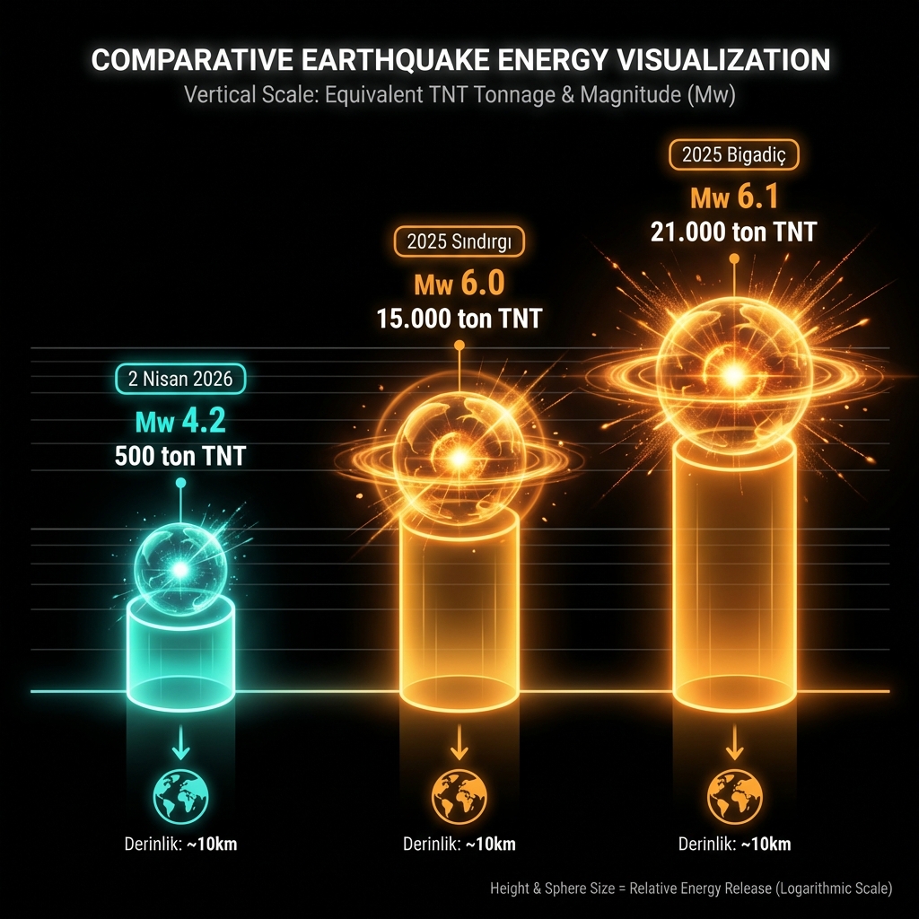 Comparative diagram showing the energy release and depth of the April 2026 earthquake compared to the 2025 Sındırgı and Bigadiç earthquakes