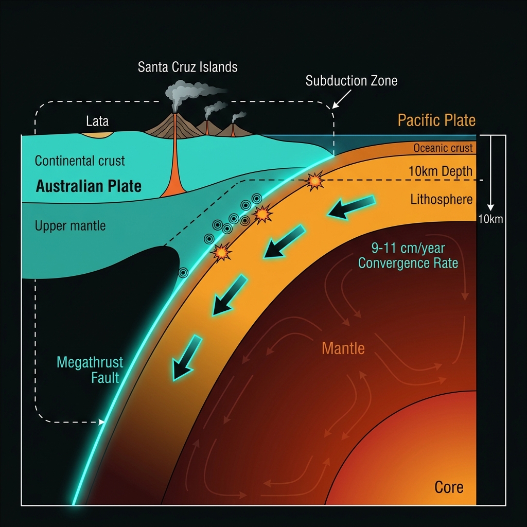Cross-section diagram showing the Pacific Plate subducting under the Australian Plate with the megathrust fault line and depth markers.