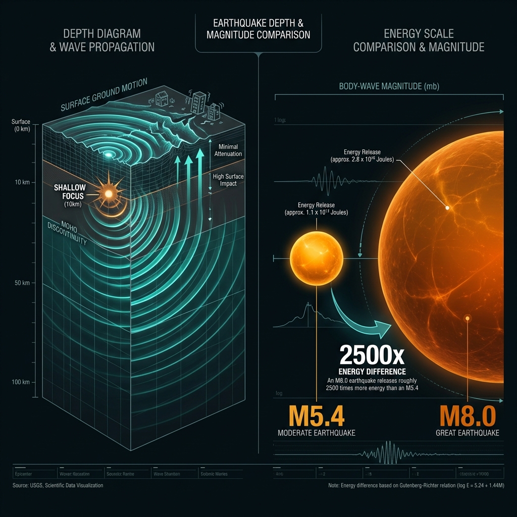 Diagram comparing the 10km shallow depth of the M5.4 earthquake with the massive energy difference compared to the M8.0 event.