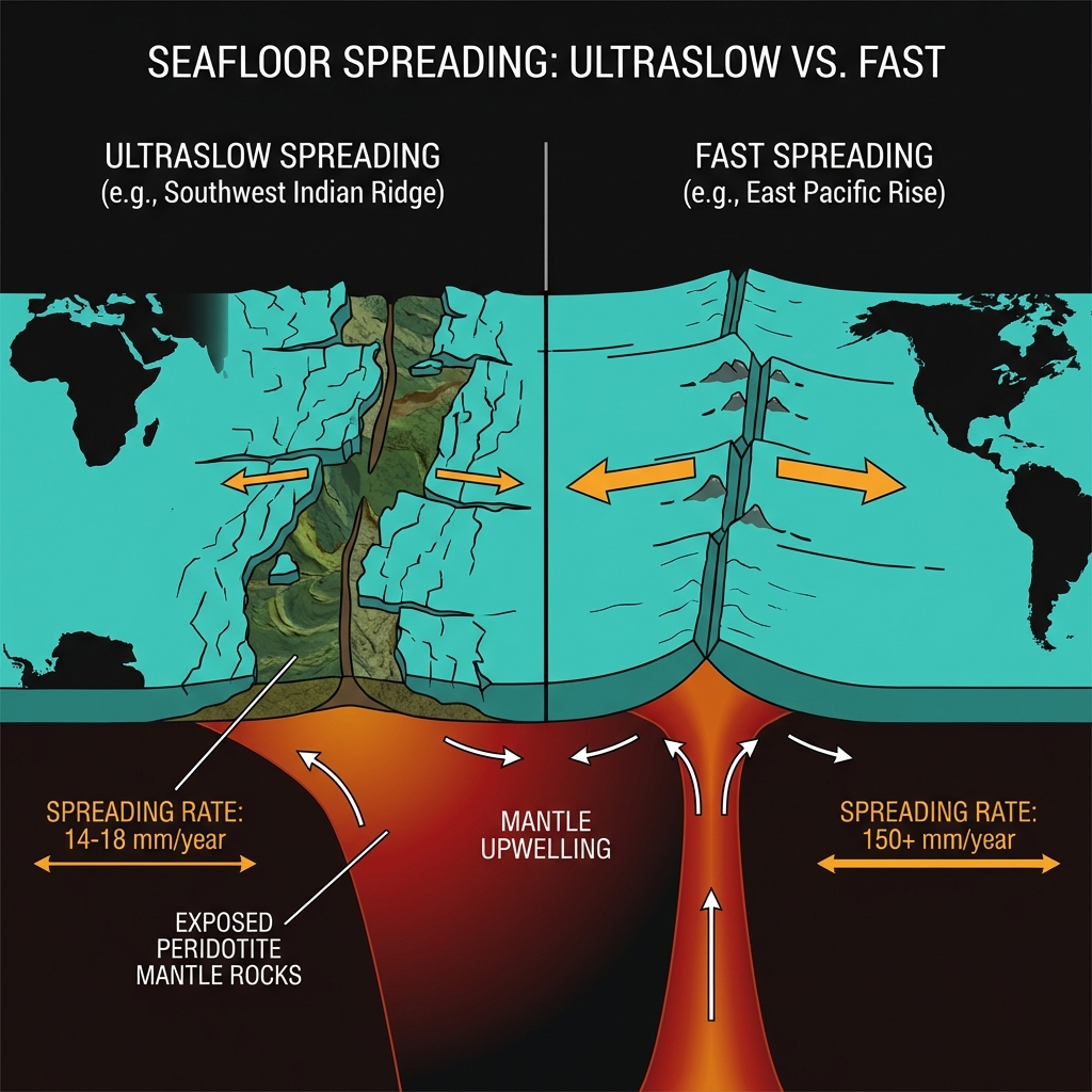 Diagram comparing ultraslow spreading at the Southwest Indian Ridge with fast spreading ridges, showing crustal differences and mantle rock exposures
