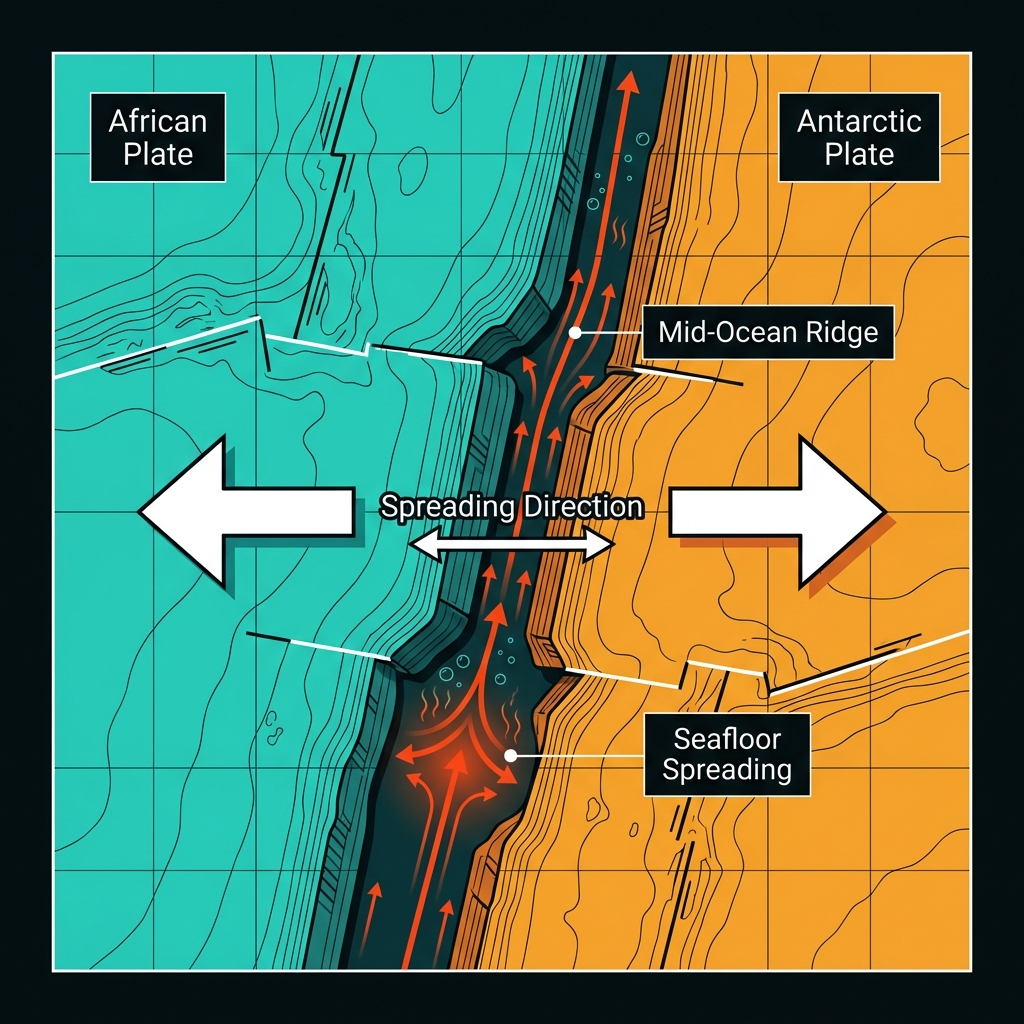 Diagram showing the divergent boundary between African and Antarctic plates at the Southwest Indian Ridge