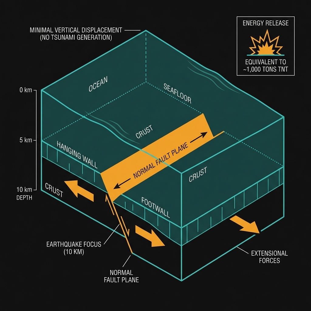 Diagram showing normal fault geometry at 10km depth, extensional tectonics, and energy release mechanics of the mid-ocean ridge earthquake