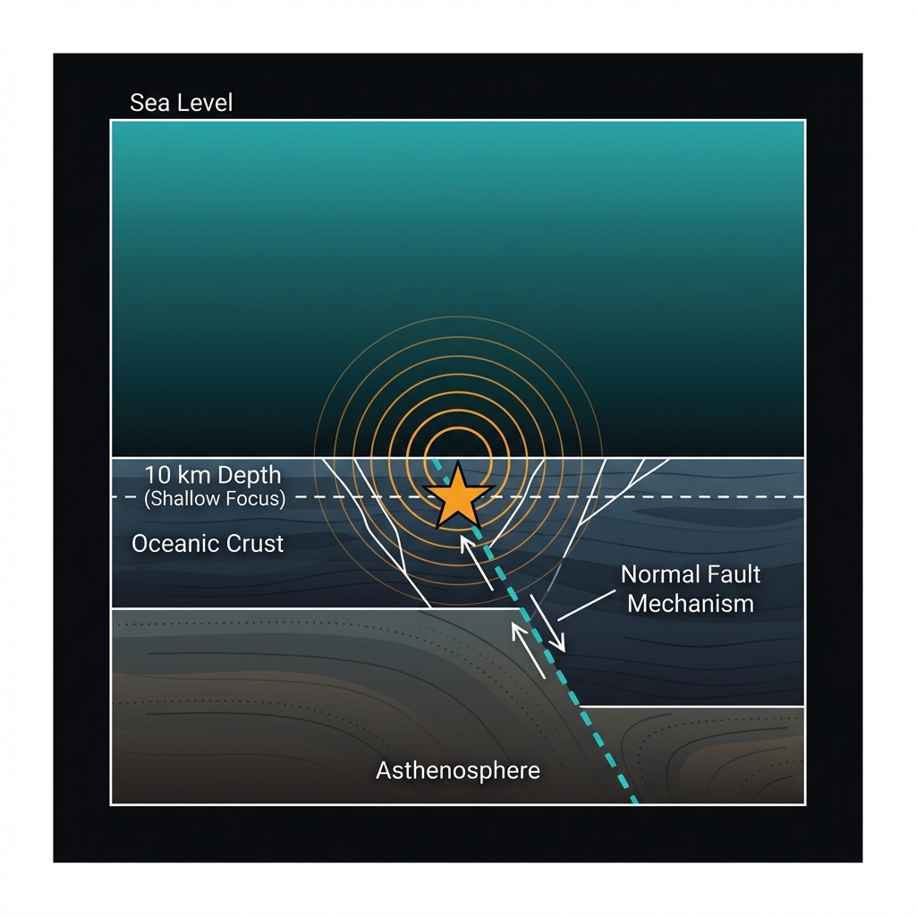 Cross-section diagram illustrating the 10 kilometer shallow depth earthquake and normal fault mechanism beneath the ocean floor