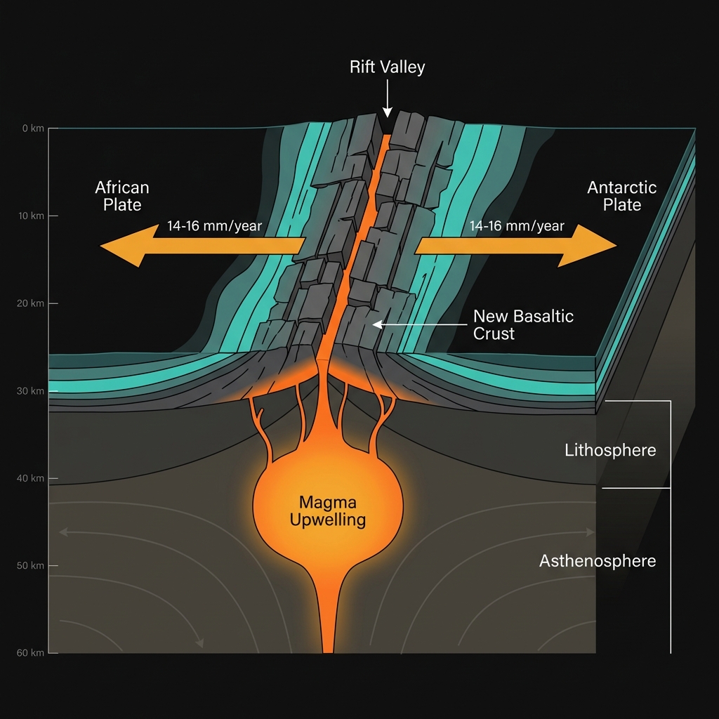 Diagram showing the cross-section of the Southwest Indian Ridge with African and Antarctic plates moving apart and magma rising to create new oceanic crust.