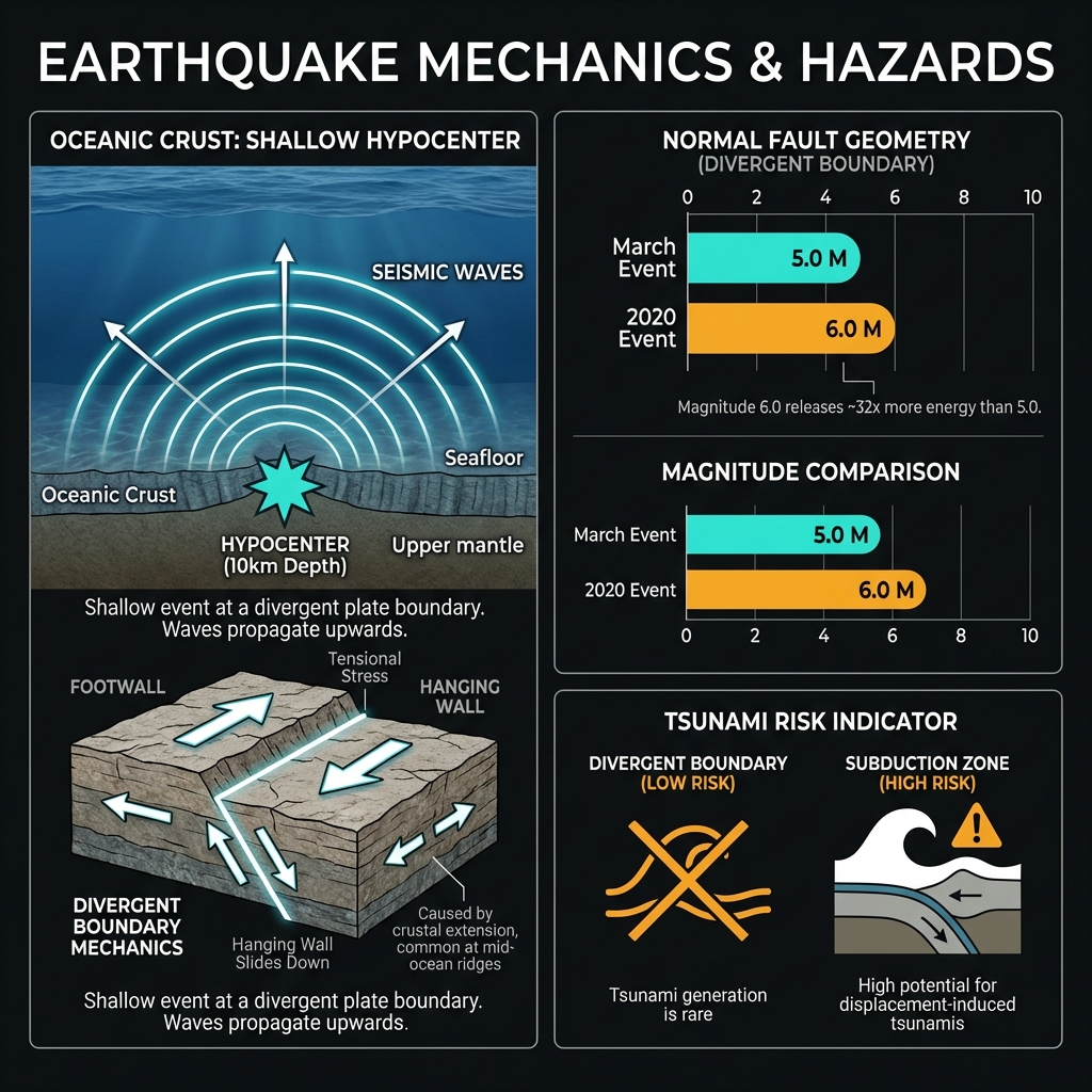 Diagram comparing shallow earthquake depth, normal faulting mechanics at divergent boundaries, and magnitude comparison showing why this event generated no tsunami.