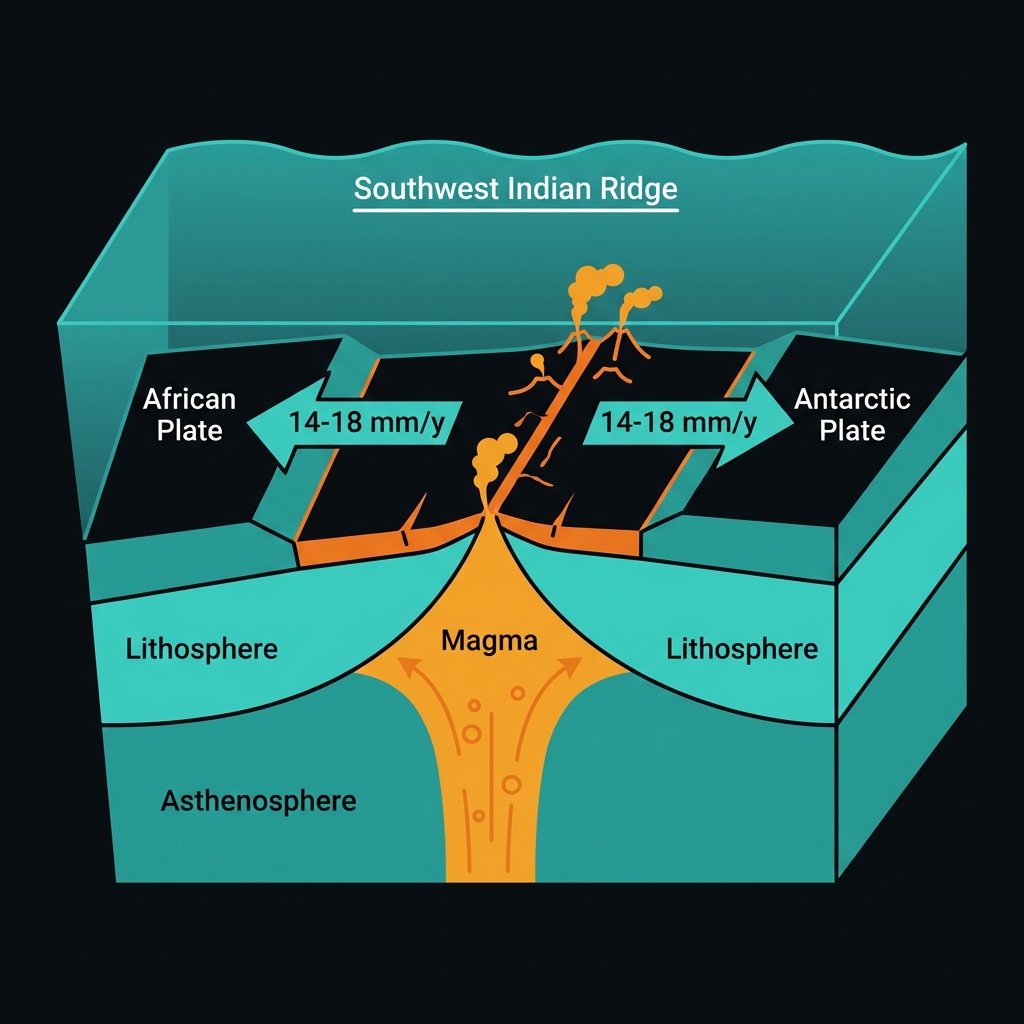 Diagram showing the African and Antarctic plates diverging at the Southwest Indian Ridge with magma upwelling