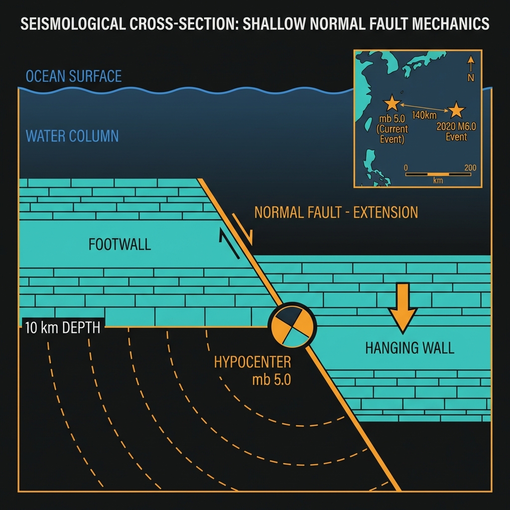 Cross-section diagram showing the 5.0 magnitude earthquake at 10km depth on a normal fault in the extending lithosphere