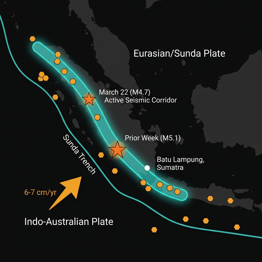 Tectonic map of the Sunda Subduction Zone showing plate movement, the 200km seismic corridor, and recent earthquake epicenters