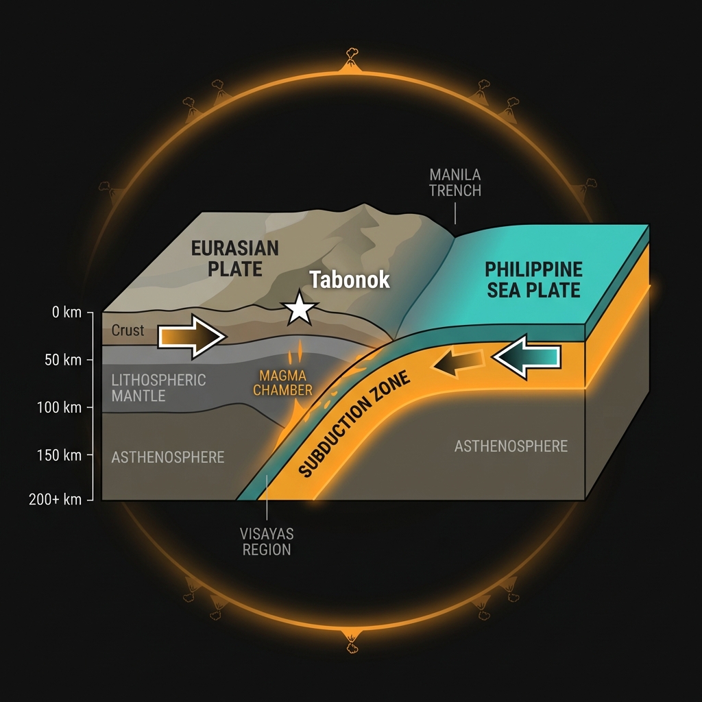Diagram showing the Philippine Sea Plate subducting under the Eurasian Plate near Tabonok