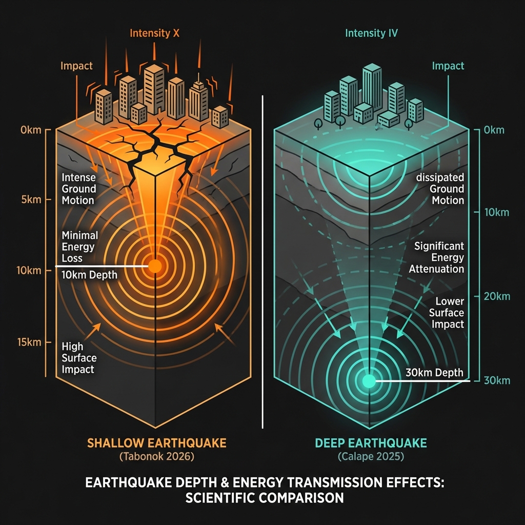 Diagram comparing energy transmission from shallow versus deep earthquake hypocenters