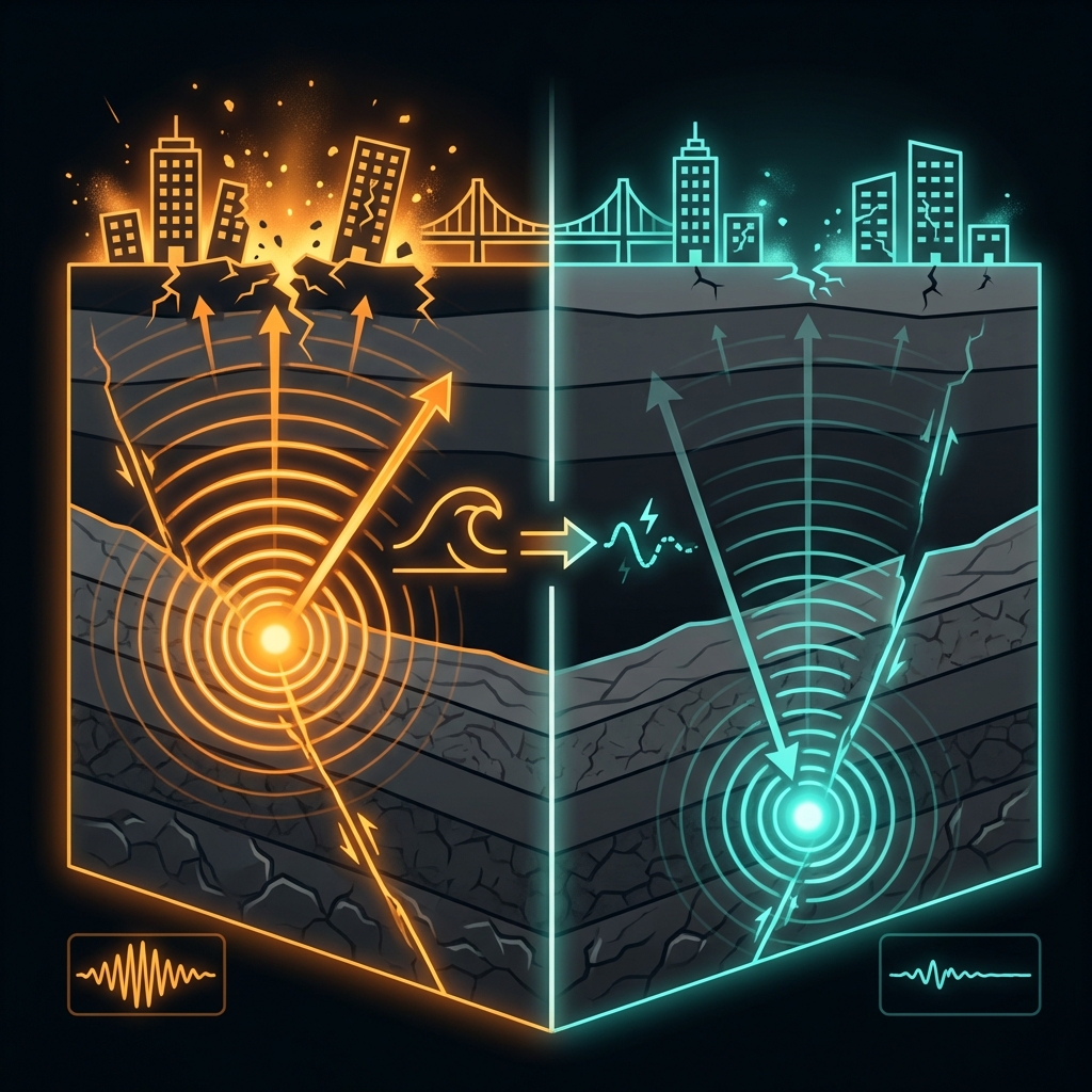 Diagram comparing shallow 10km earthquake versus deep 30km earthquake showing how depth affects ground shaking intensity
