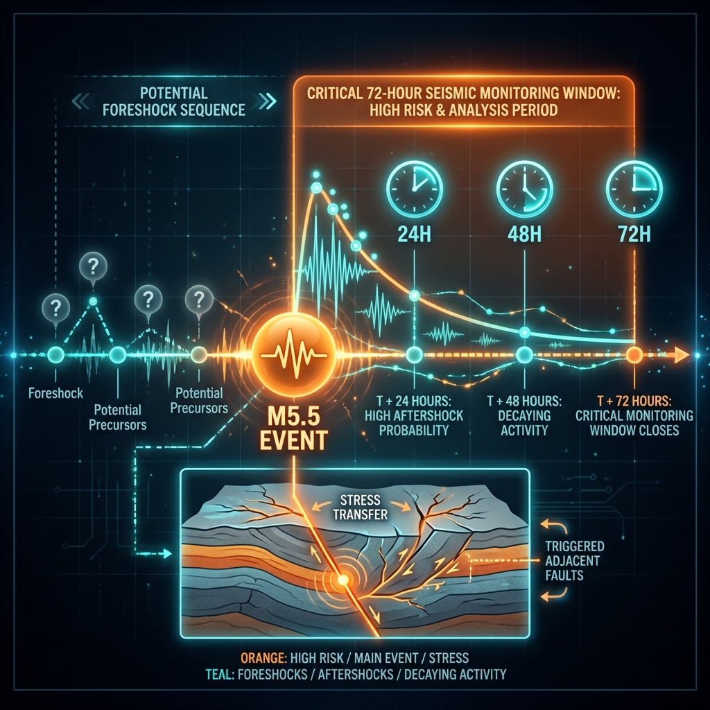 Timeline diagram showing the 72-hour critical monitoring window for aftershocks and potential mainshock following the M5.5 earthquake